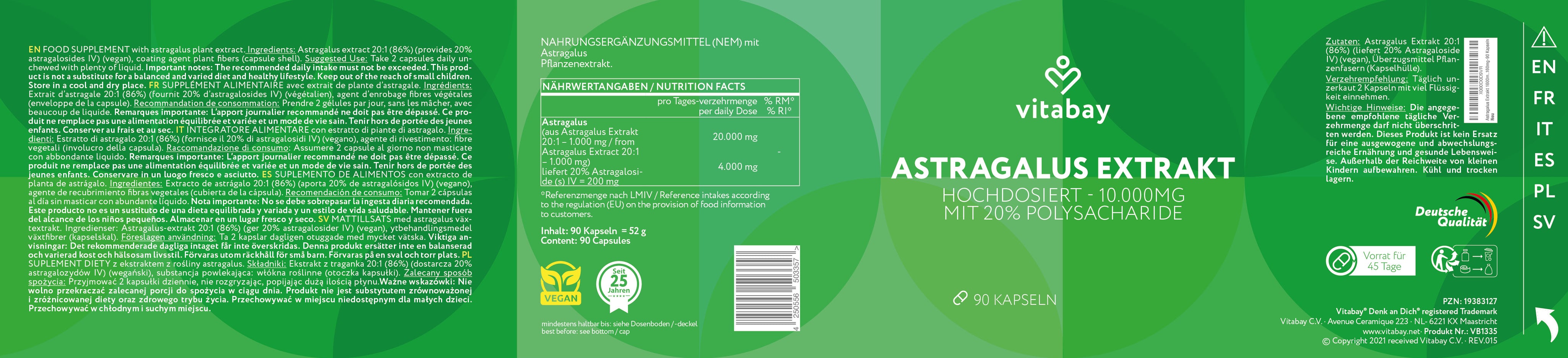 Astragalus Extrakt - 10.000 mg - 90 vegane Kapseln