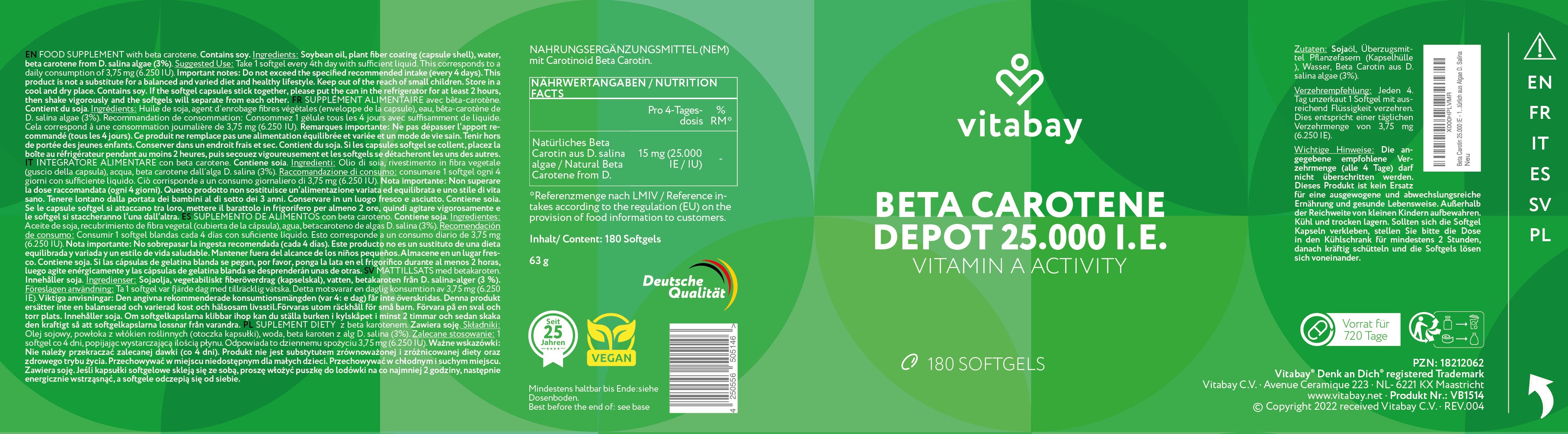 Beta Carotene 25.000 I.E. Depot - 180 vegane Softgels