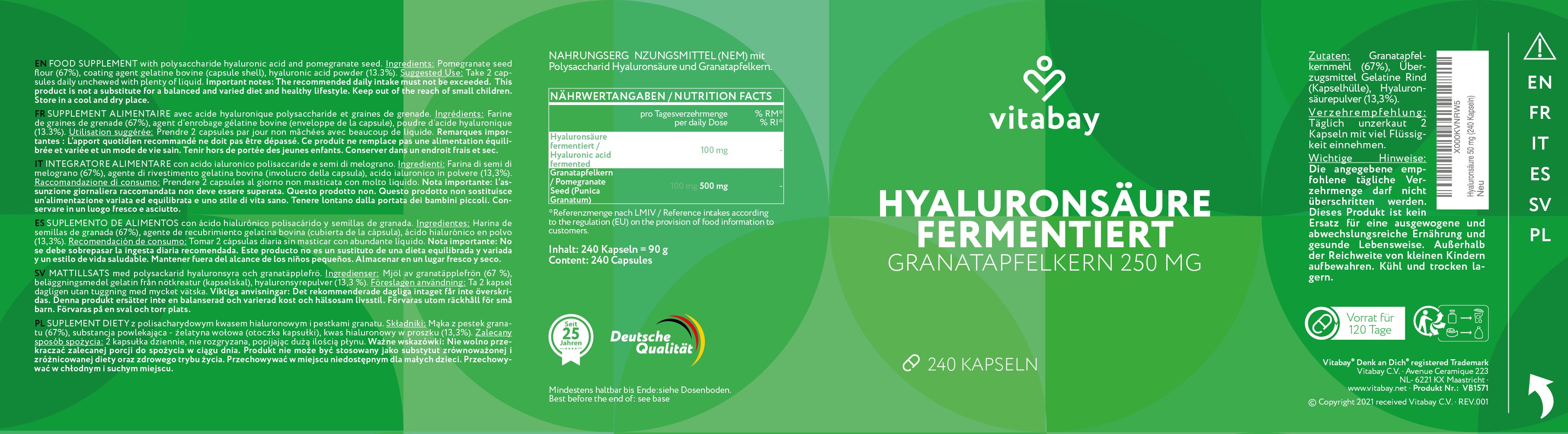 Hyaluronsäure fermentiert mit Granatapfelkern 250 mg - 240 Kapseln