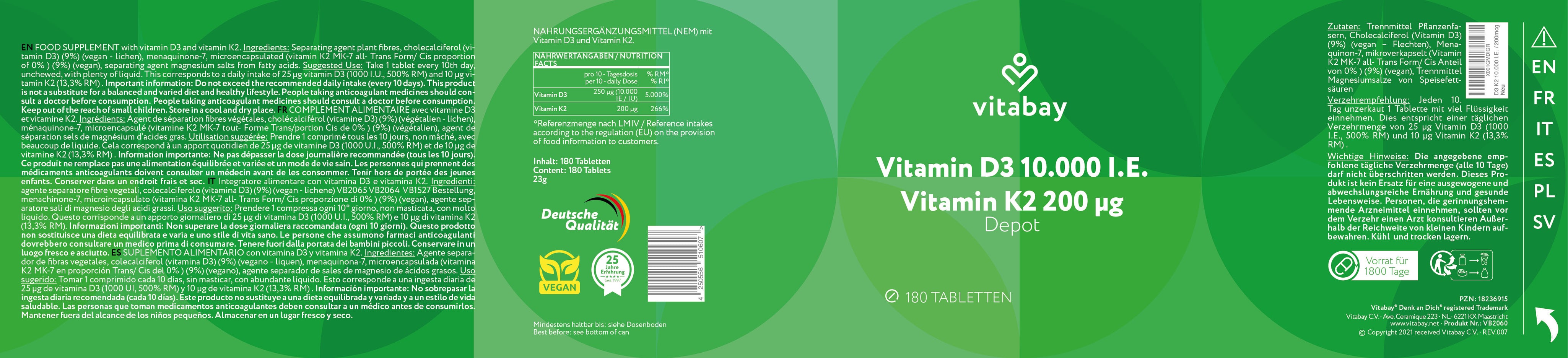 Vitamina D3 Depot 10.000 UI + Vitamina K2 200mcg - 180 compresse vegane