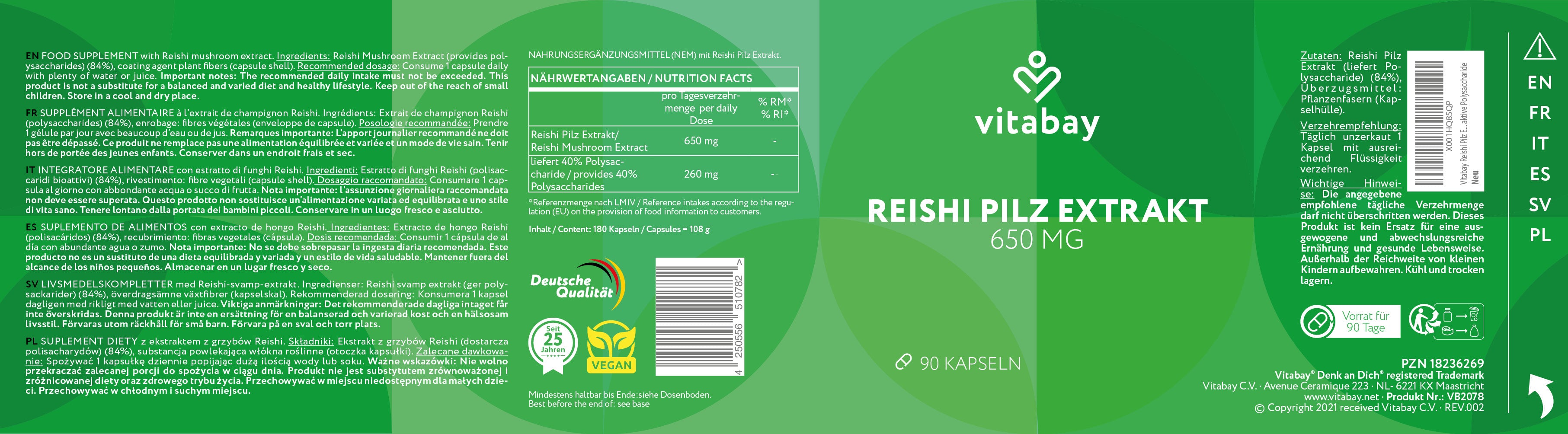 Estratto di fungo Reishi 650 mg - 180 capsule vegane