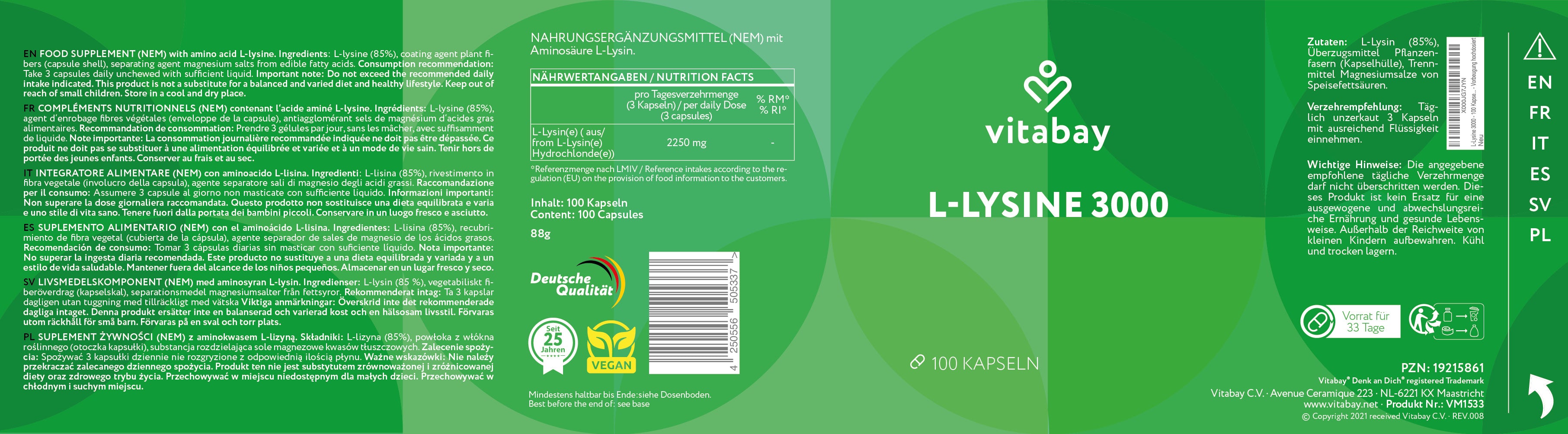 L-Lysine 3000 - 100 vegane Kapseln